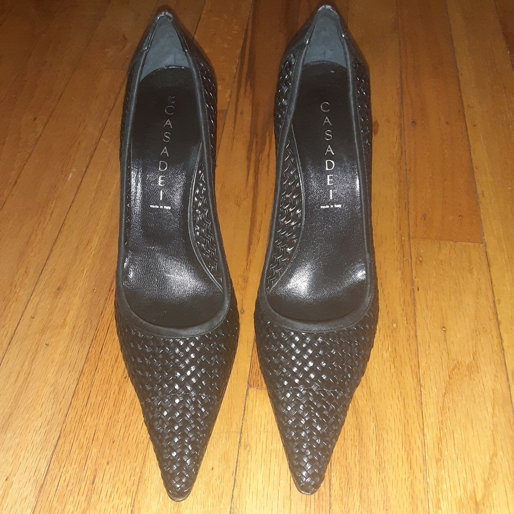 CASADEI BLACK LEATHER WOVEN HEELS